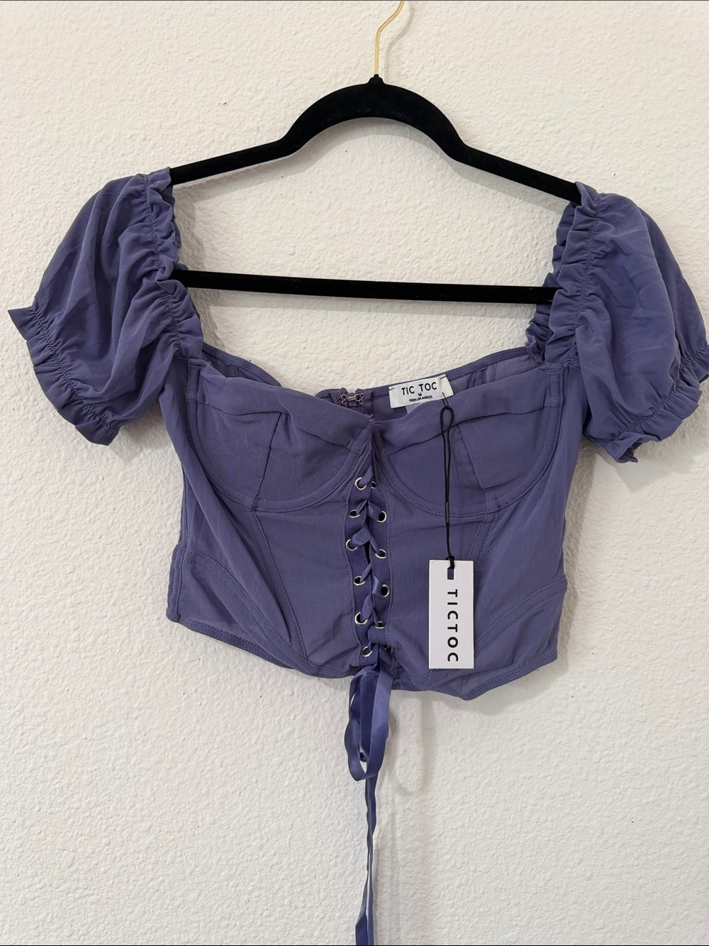 Tic Toc Lavender Lace-Up Puff Sleeve Crop Top
